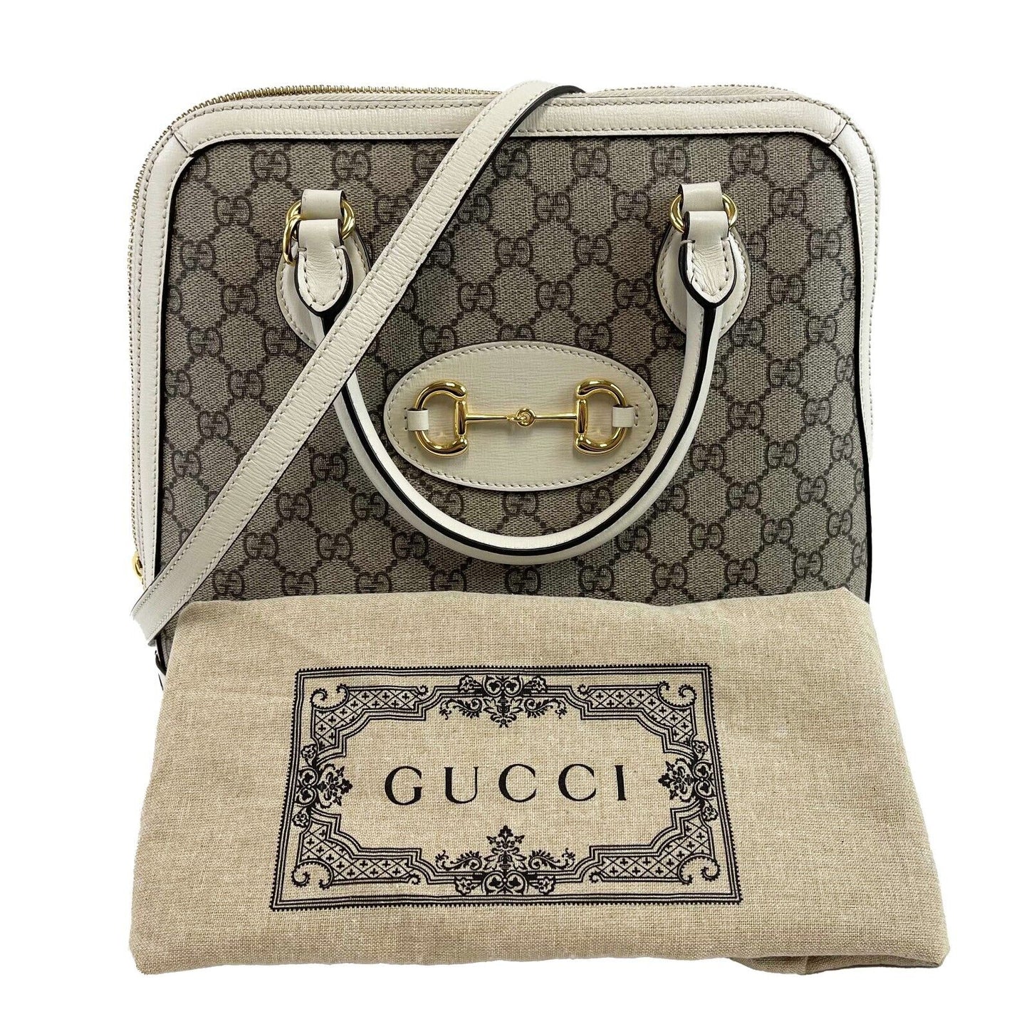 GUCCI GG Supreme 1955 Horsebit Medium Mystic White Top Handle Crossbody