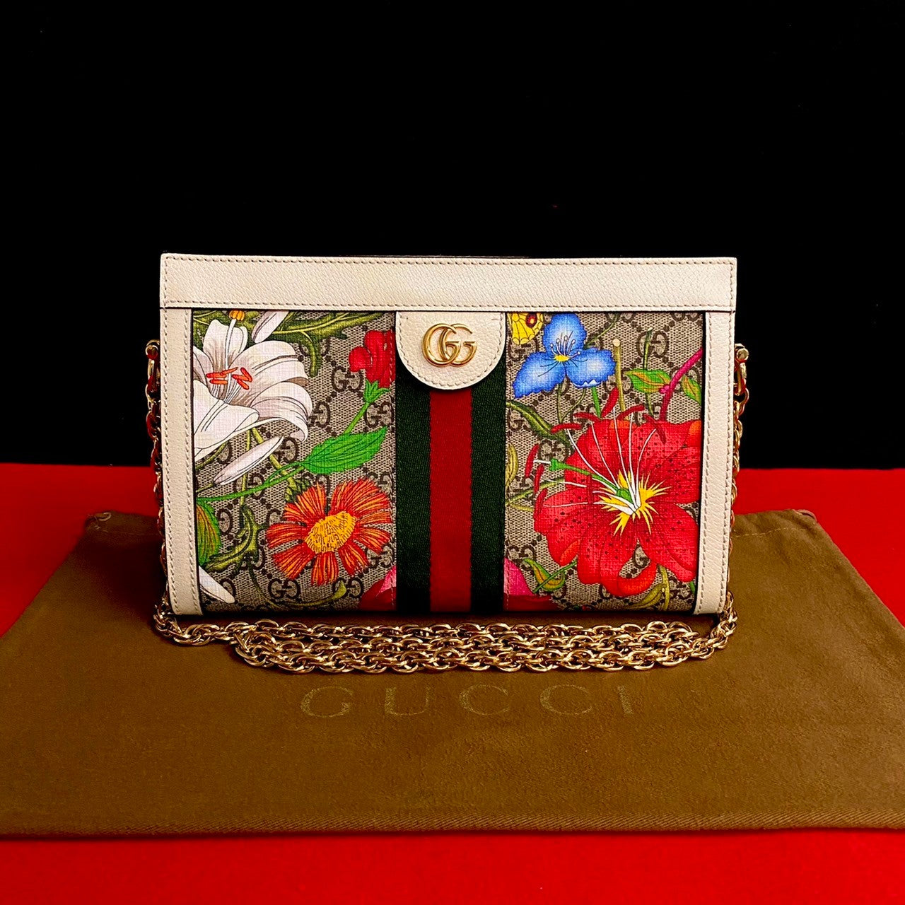 GUCCI Shoulder Bag leather Brown Sherry line Ophidia Flora Chain Shoulder