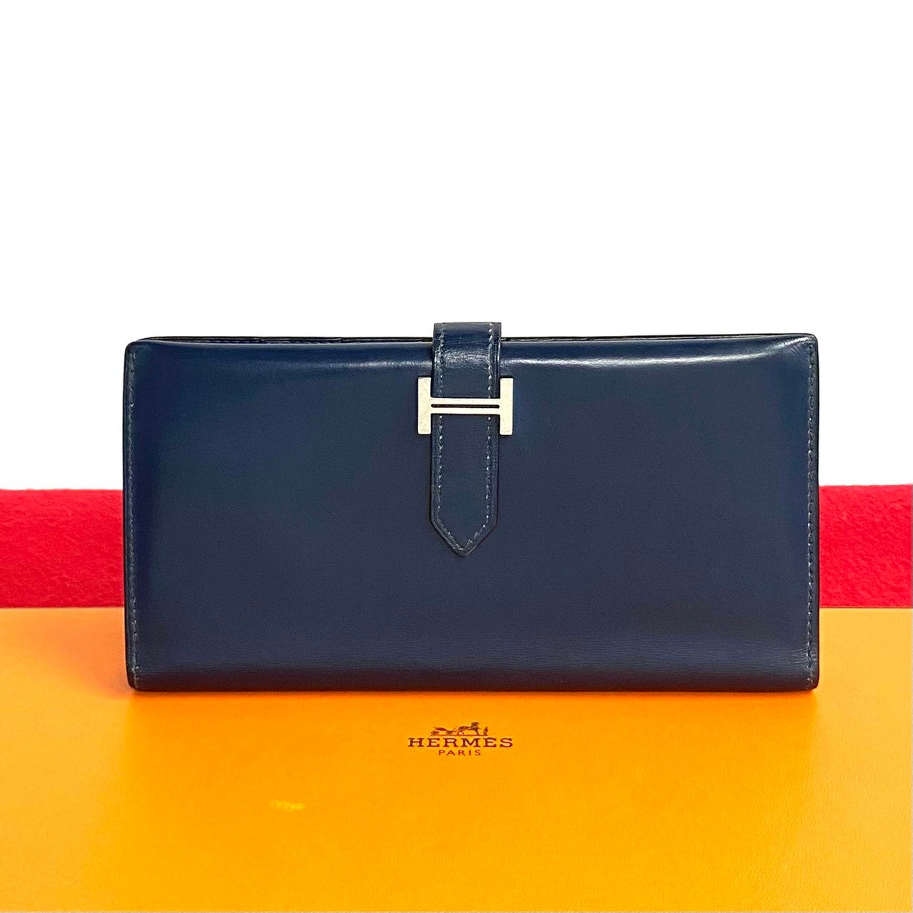 HERMES Long Wallet Purse leather Navy Bean