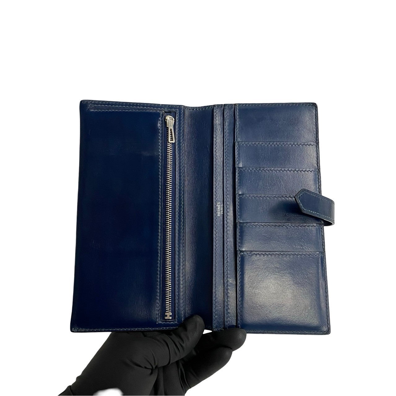 HERMES Long Wallet Purse leather Navy Bean