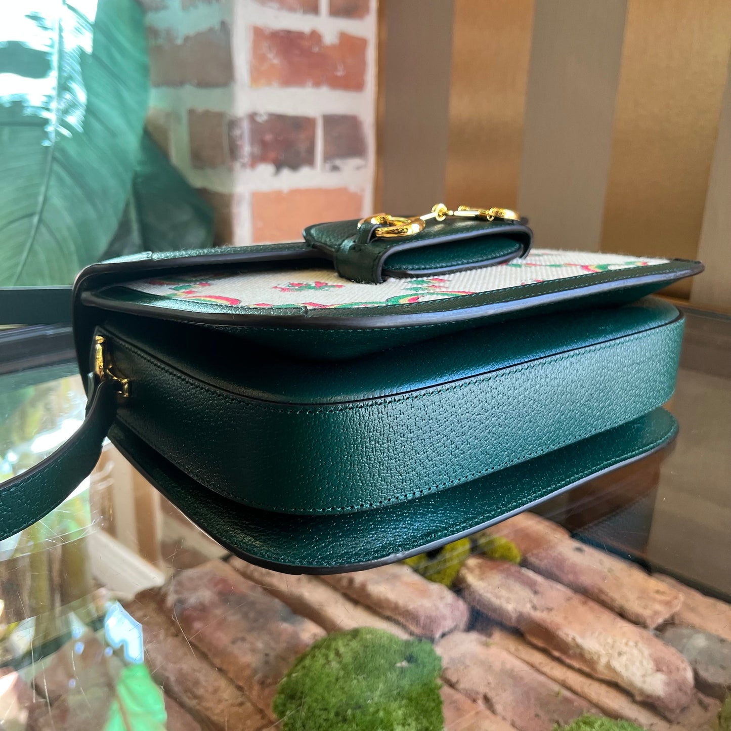 GUCCI 1955 Horsebit Small Green Ivory 100th Anniversary Cotton GG Floral Monogram Canvas Crossbody Bag