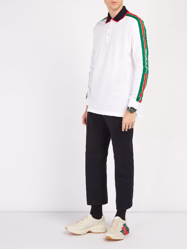 Gucci Web-stripe Detail Long Sleeve Polo in White
