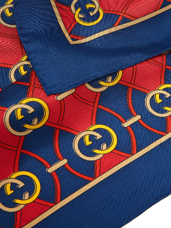 Gucci GG Waves Rhombus Silk Scarf in Navy