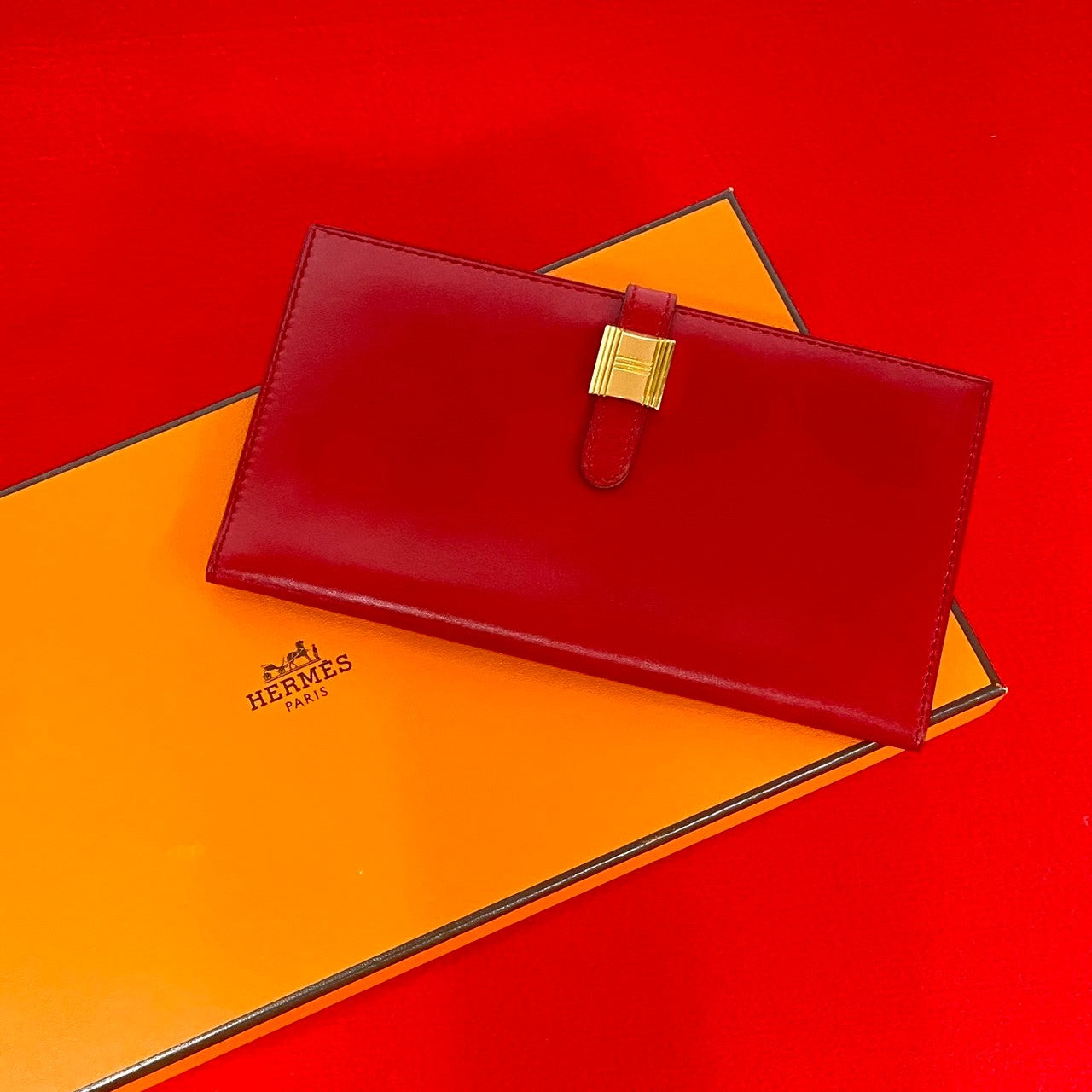 HERMES Long Wallet Purse leather Red Saumur Diane