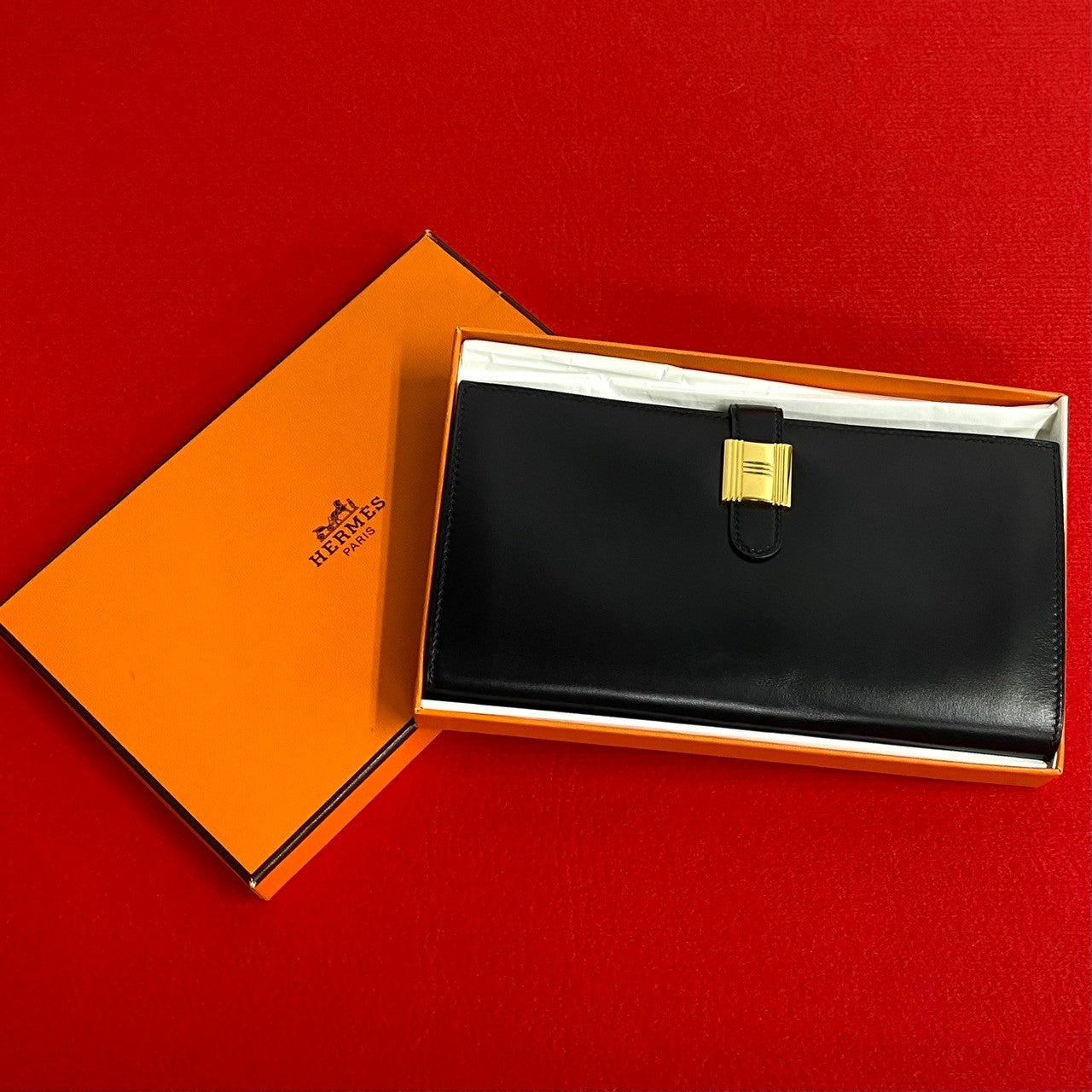 HERMES Long Wallet Purse Box scarf black Saumur Diane