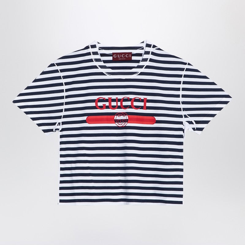 Gucci White/Blue Striped Cotton T-Shirt With Logo Print Women