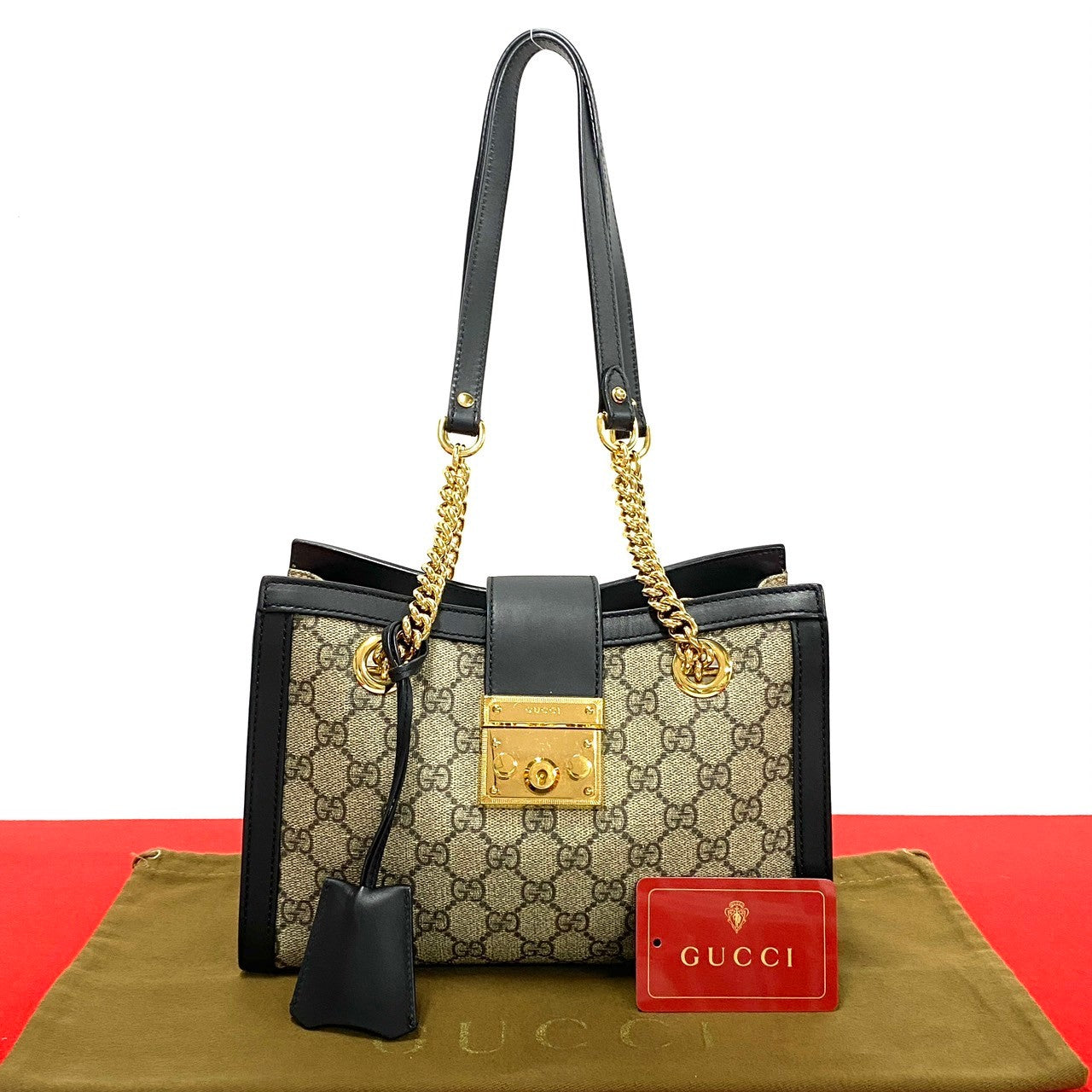 GUCCI Shoulder Bag leather black GG small padlock