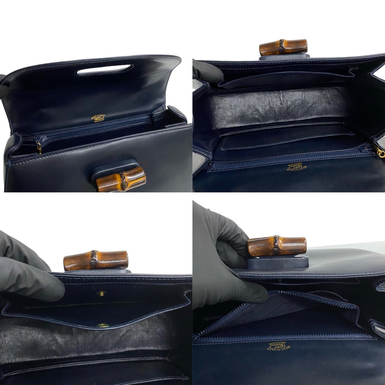 GUCCI Handbag Calfskin Navy Bamboo