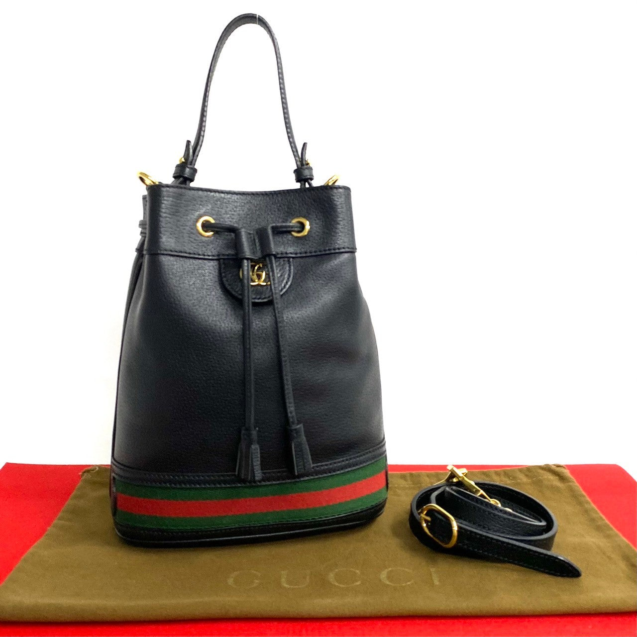GUCCI Shoulder Bag leather black Sherry line Ophidia Small Bucket