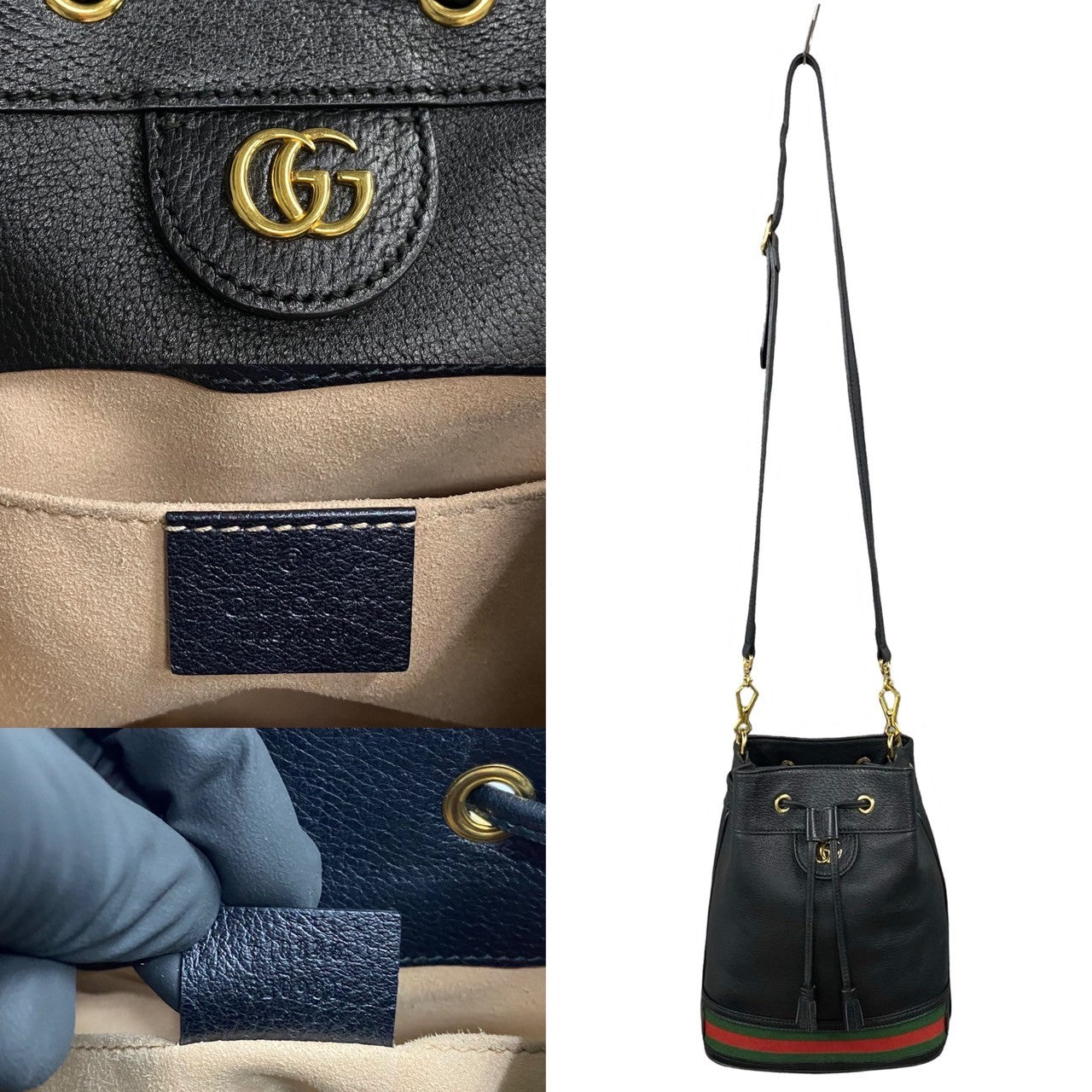 GUCCI Shoulder Bag leather black Sherry line Ophidia Small Bucket