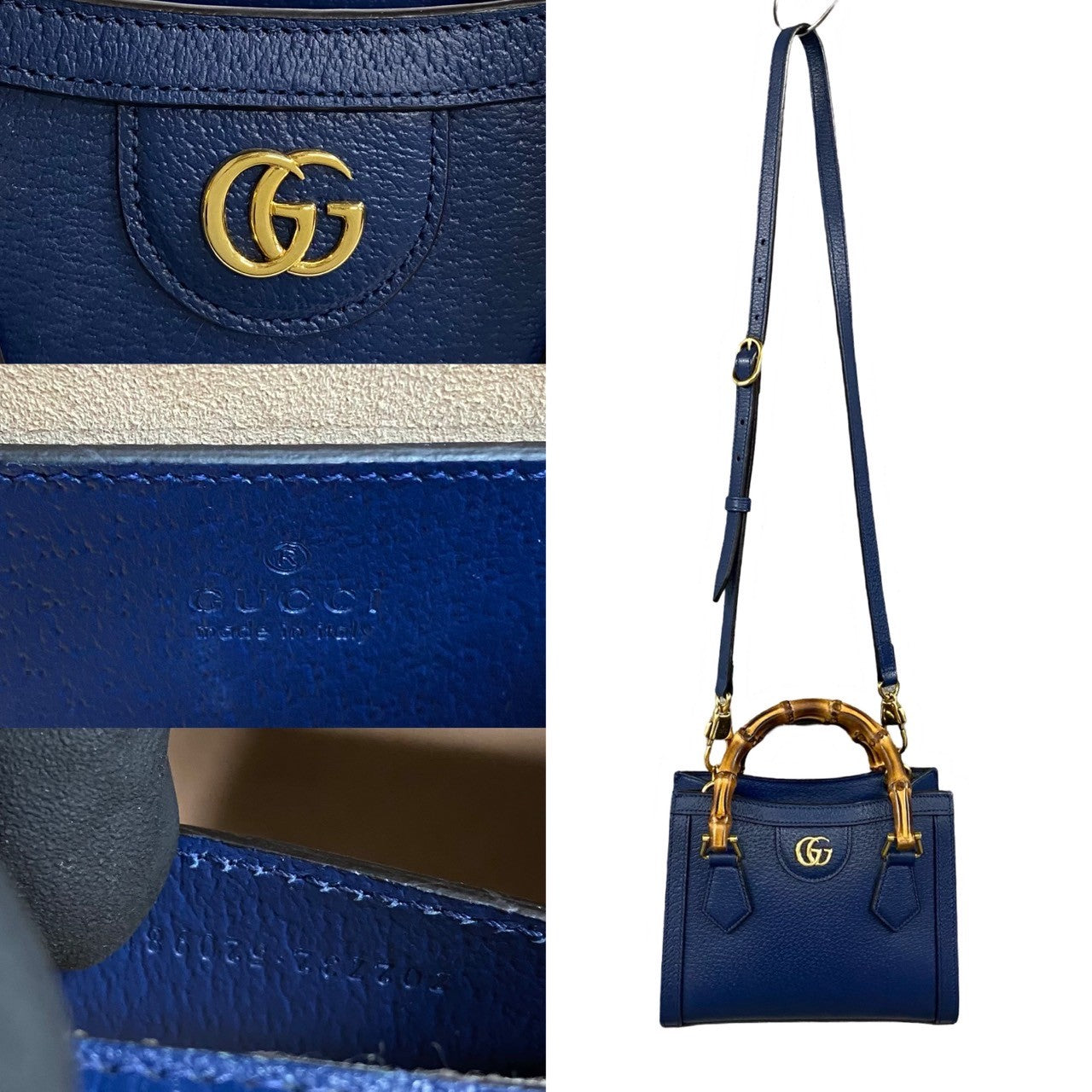 GUCCI Shoulder Bag leather Navy Shelly Line Bamboo Diana Tote