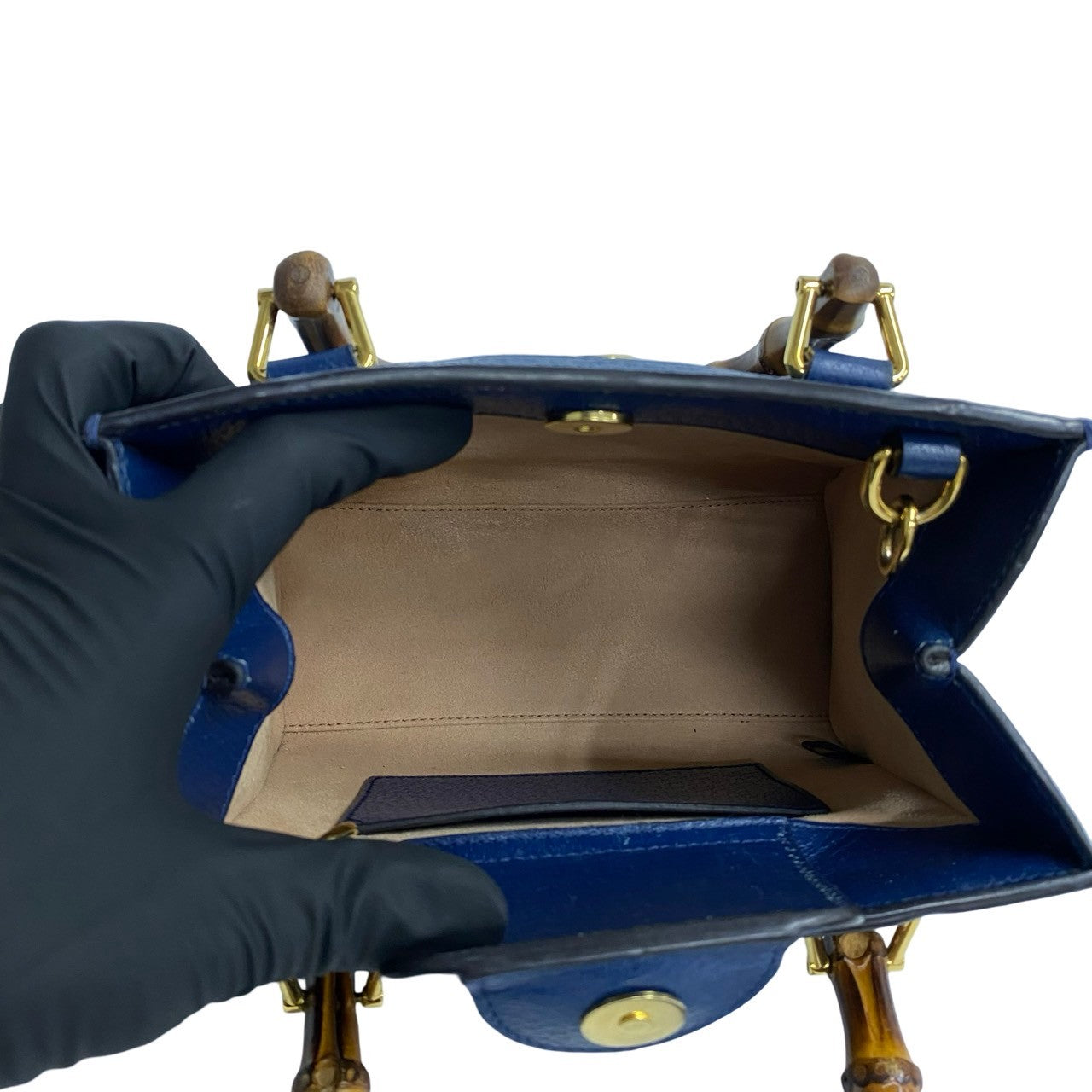 GUCCI Shoulder Bag leather Navy Shelly Line Bamboo Diana Tote