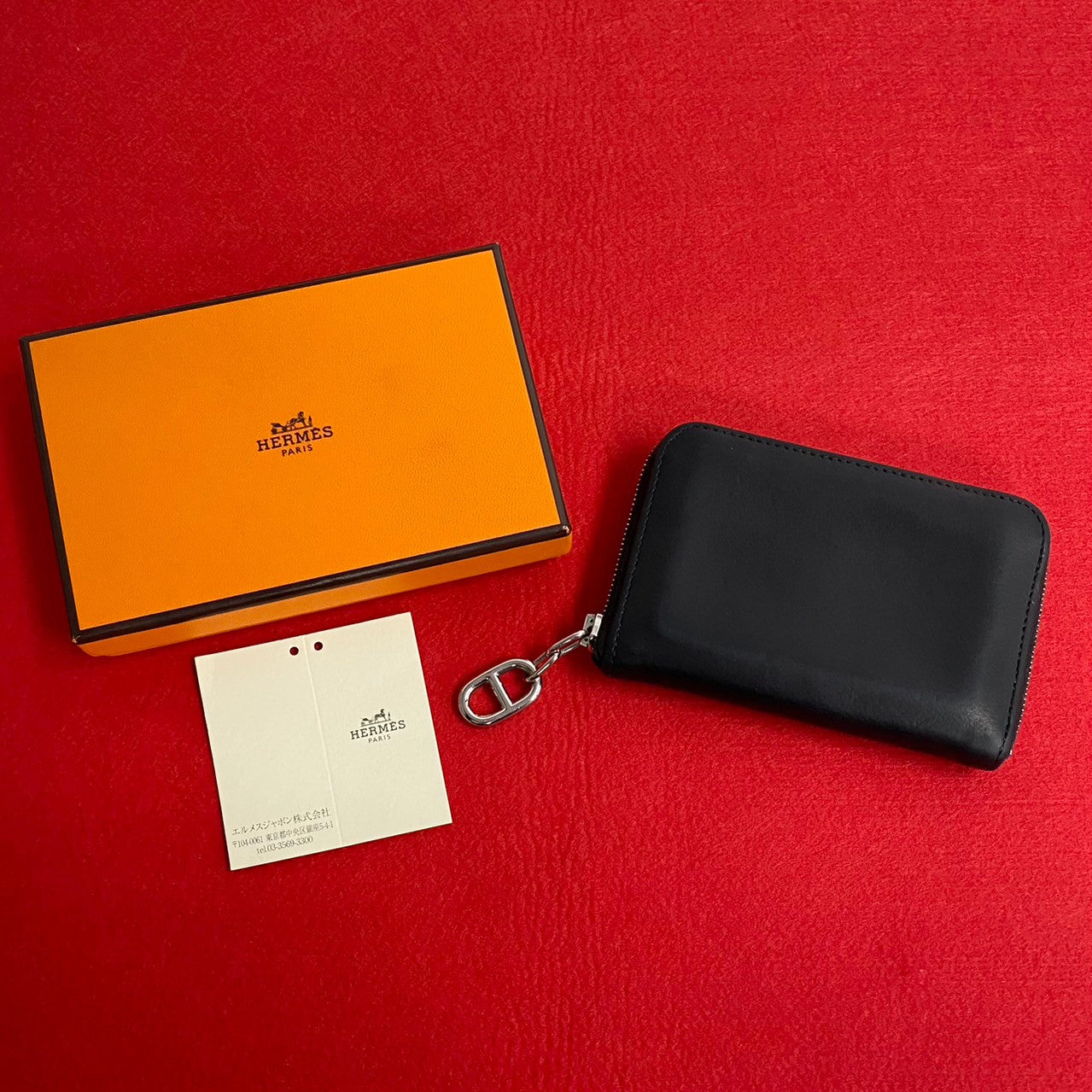 HERMES Card Case leather black Chene Dunkle Card Coin case