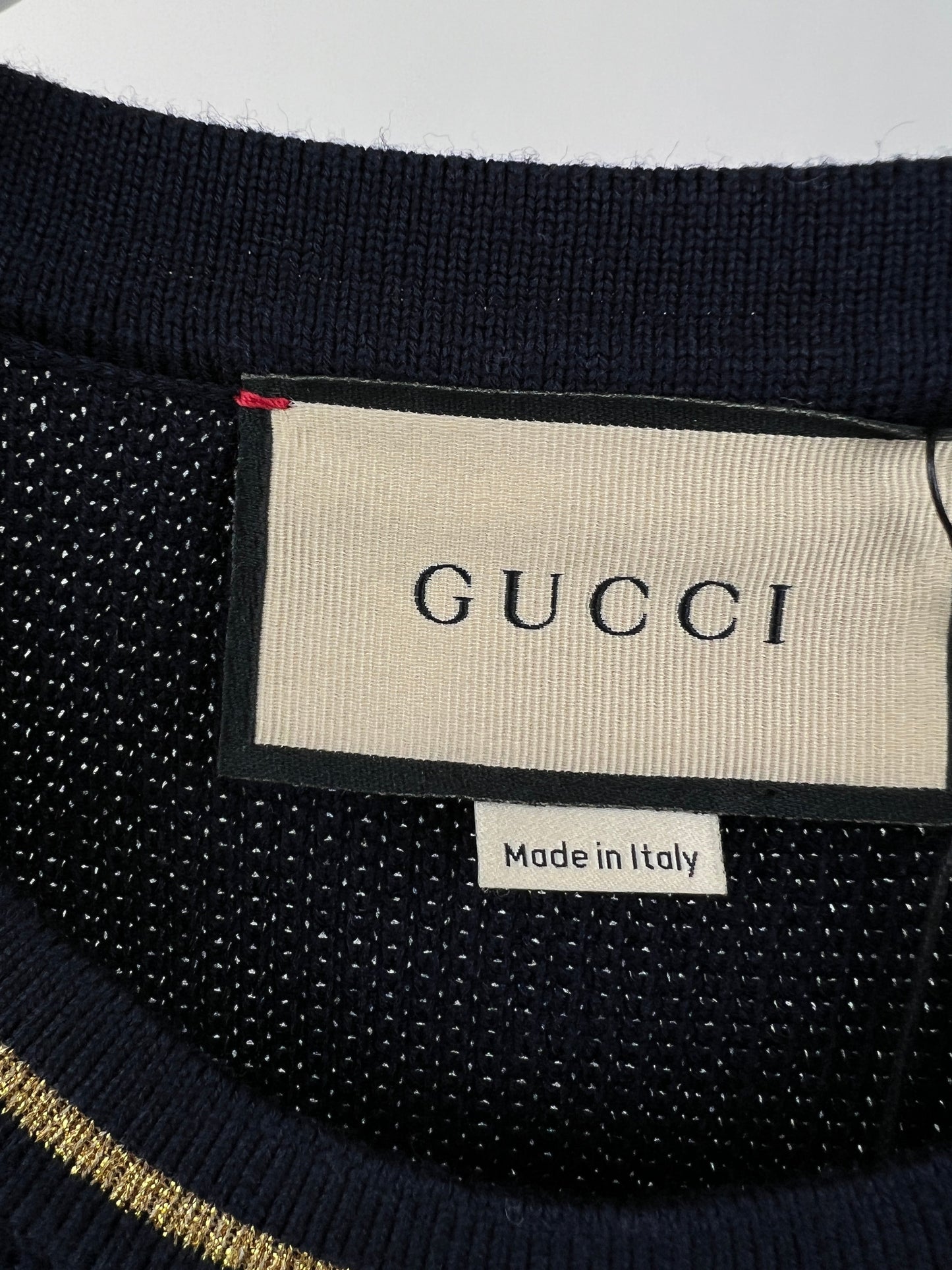 Gucci Navy Knitted Mini Dress with Gold Chain Pocket Details Size IT S (UK 8)