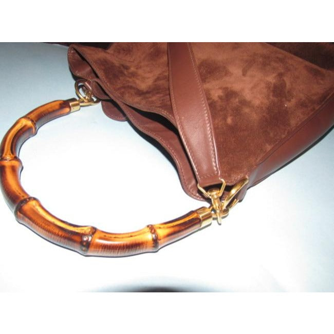 Gucci W Suede Leather Sarah Flip Top Two Way Handle And Removable Strap Bamboo Hobo