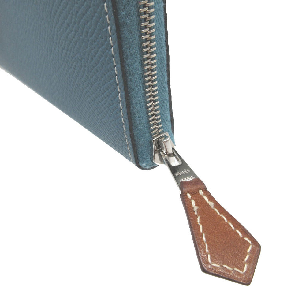 HERMES Long Wallet Purse Epsom Blue gene Zip Around Azap long silk in unisex(Unisex) Used