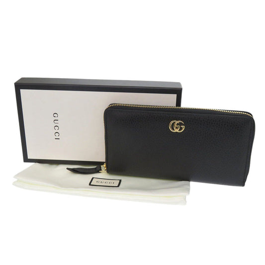 GUCCI Long Wallet Purse 456117 leather black Zip Around GG Marmont Women Used