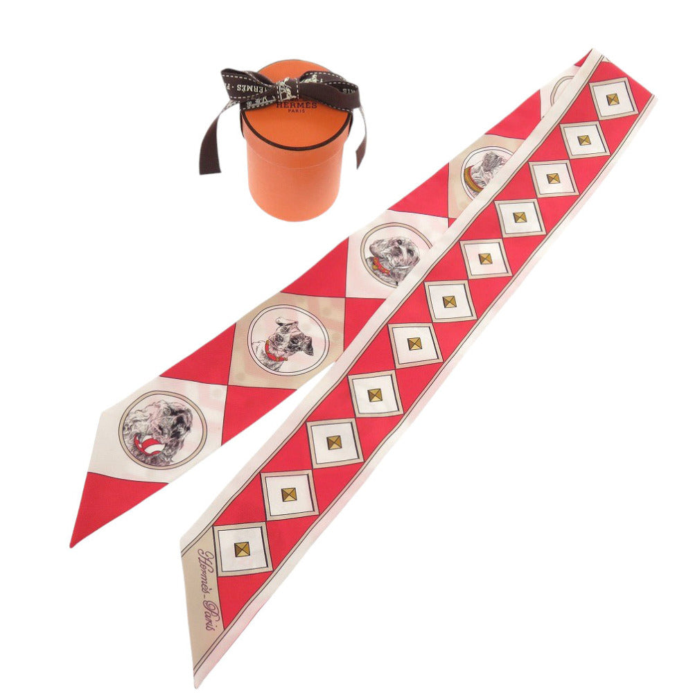 HERMES scarf silk Rouge Twilly colliers et chiens collar and dog