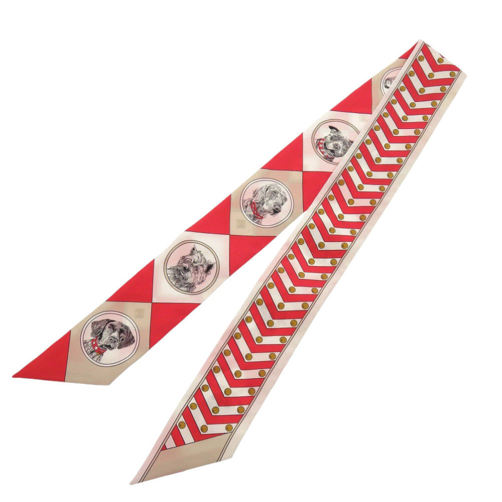 HERMES scarf silk Rouge Twilly colliers et chiens collar and dog