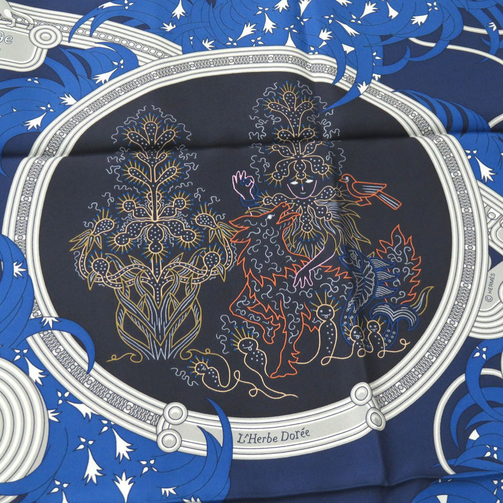 HERMES scarf silk blue Carre90 LEGENDE BRODEE A legend woven with embroidery
