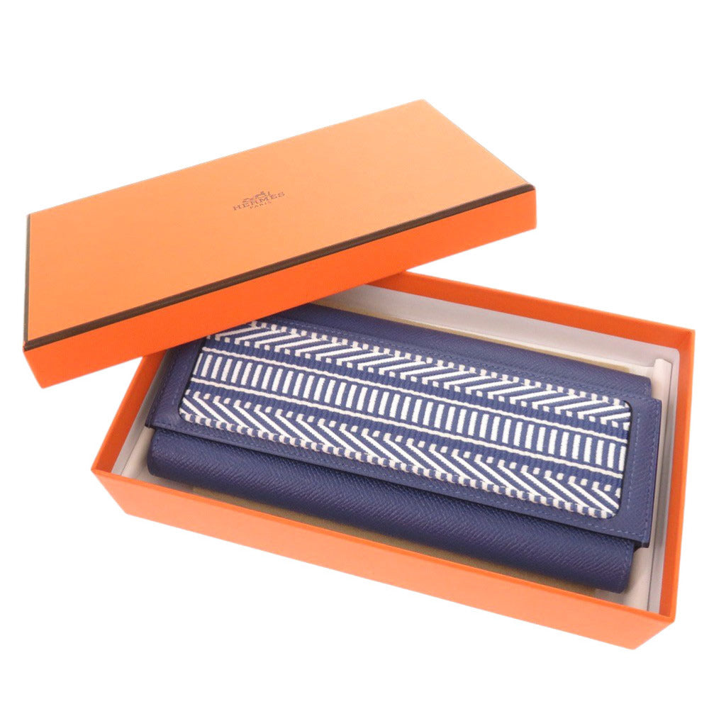 HERMES Long Wallet Purse Epsom Blue brighton Passan Long Sangle Caval Women Used