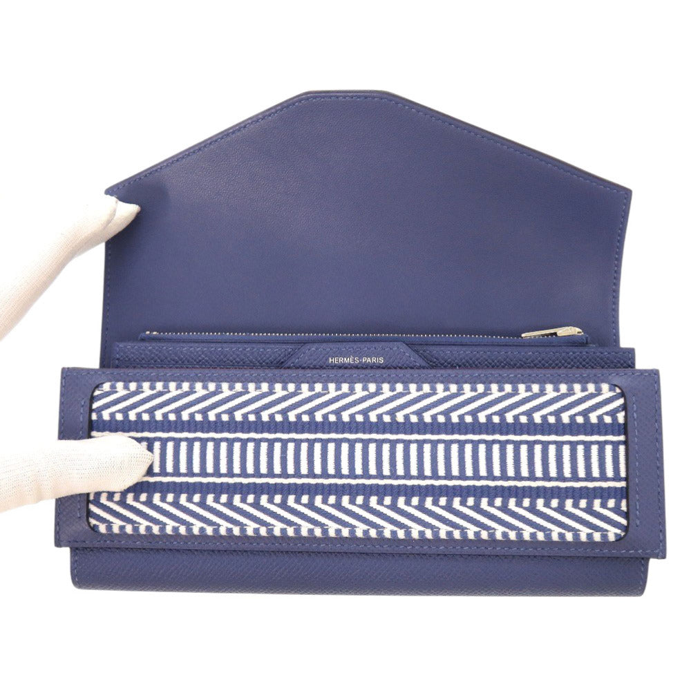 HERMES Long Wallet Purse Epsom Blue brighton Passan Long Sangle Caval Women Used