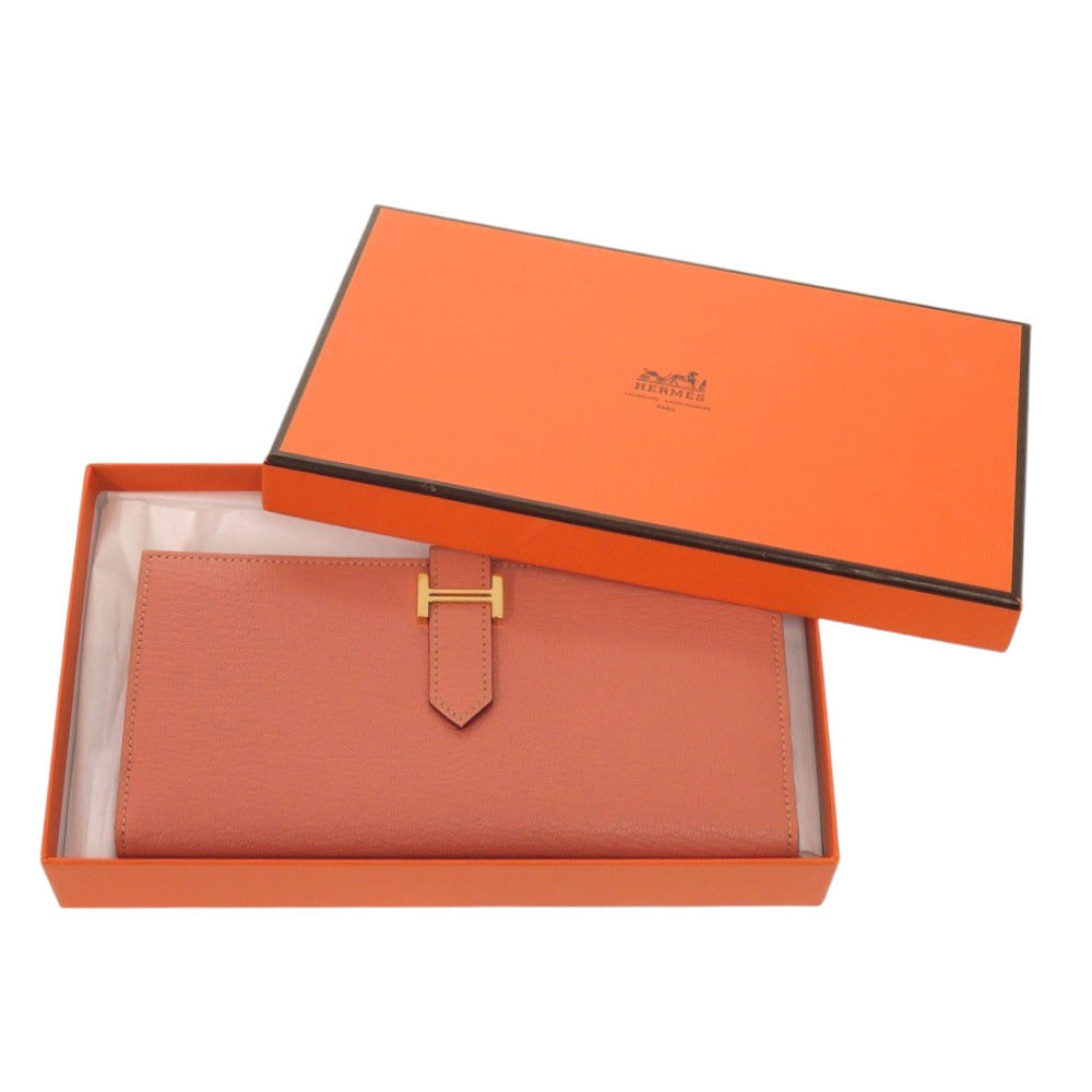 HERMES Long Wallet Purse Taurillon Clemence Rose tea Beansufla Women Used