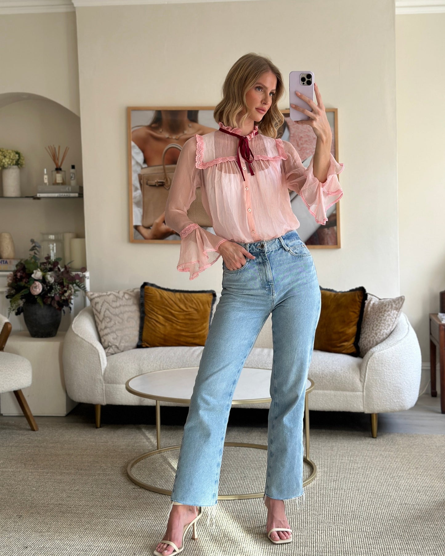Gucci Pink Silk Pearl Button Down Shirt with Crochet Trim Detailing IT 36 (UK 4)