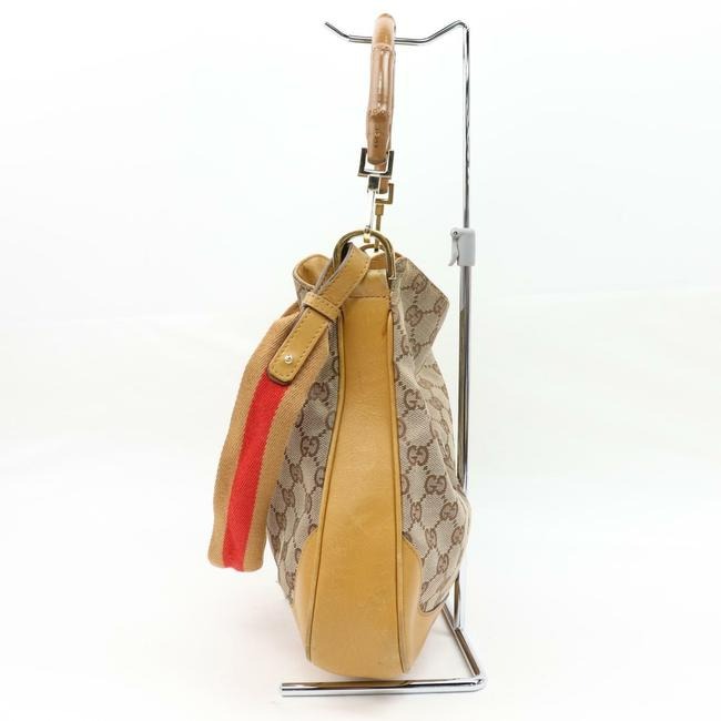 Gucci W Sarah Flip Top Two Handle Gold Striped Brown Gredcamel Strap Leather And Canvas With Bamboo