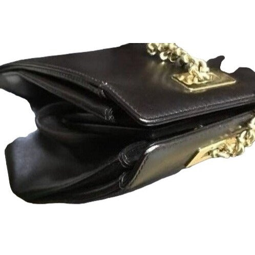 Gucci, unique, brown leather, large satchel style  shoulder bag with a snap hinged top, two longer gold chain & leather shoulder straps