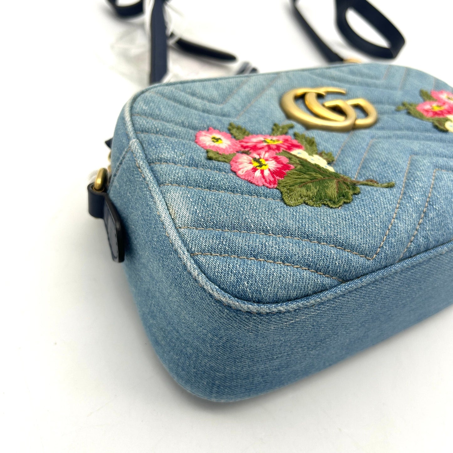 Gucci Floral GG Marmont Denim Camera Bag - Blue Crossbody Bags, Handbags LA24878