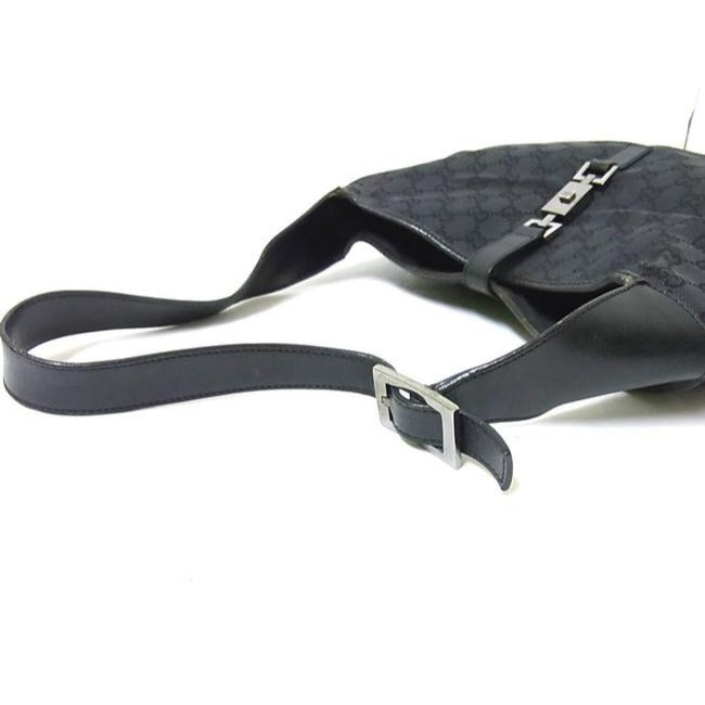 Gucci Jackie New O Logo Black Charcoal Gray Leather Canvas Hobo Bag