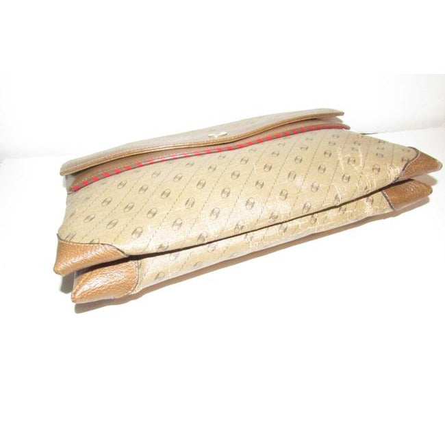 Gucci Brown Diagonal Link Print Clutch w Double Flap Top & Red & Green Trim