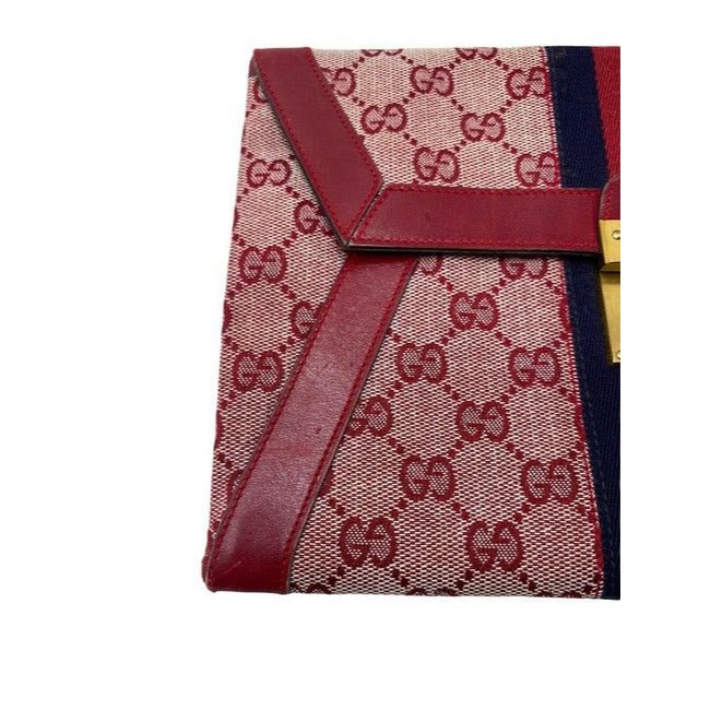 Gucci Guccissima Print Canvas & Red Leather Clutch/Portfolio With Center Blue/Red Stripe