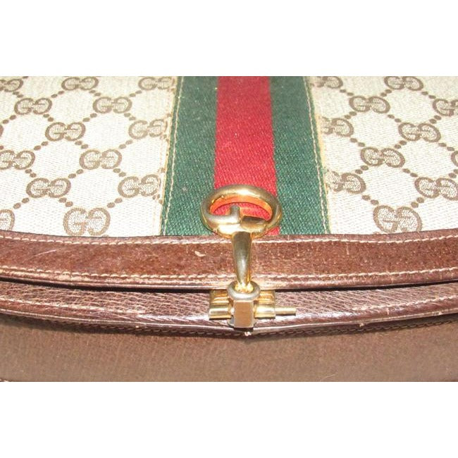 Gucci Horsebit Vintage Line Purses Brown Large G Logo Print Canvas And Brown Leather With A Red And