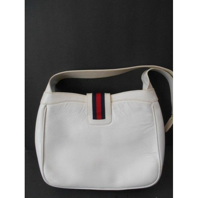 Gucci Vintage White Leather With Red And Blue Striped Accent And Large Gold G