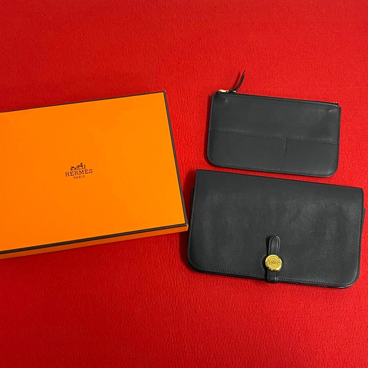 HERMES Long Wallet Purse Swift black Dogon Duo GM Women Used