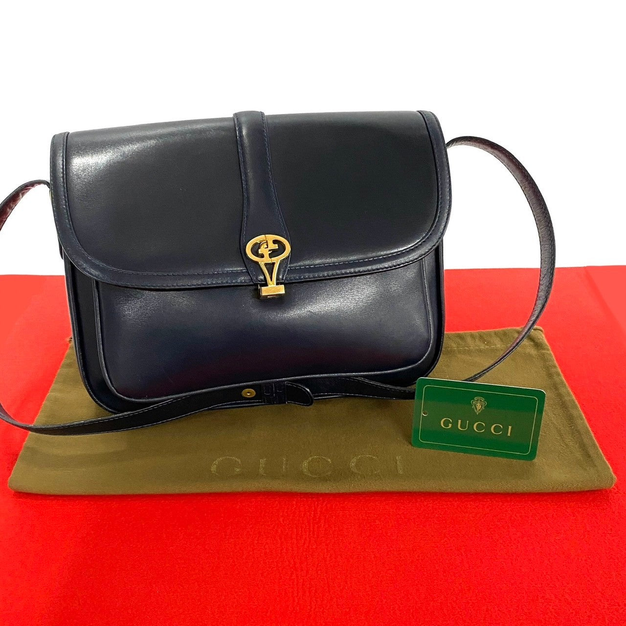 GUCCI Shoulder Bag Calfskin, Leather Navy logo Metal Women Used