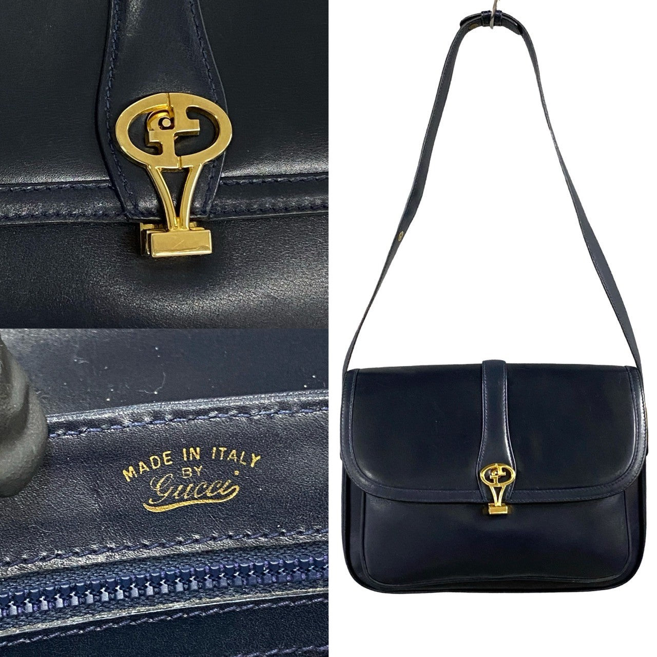 GUCCI Shoulder Bag Calfskin, Leather Navy logo Metal Women Used