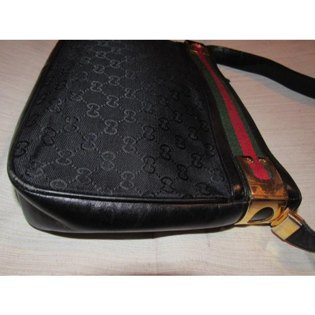 Gucci W Guccissima Canvasleather Sherry Stripe Top Black G Printred And Green Canvas Leather Shoulde
