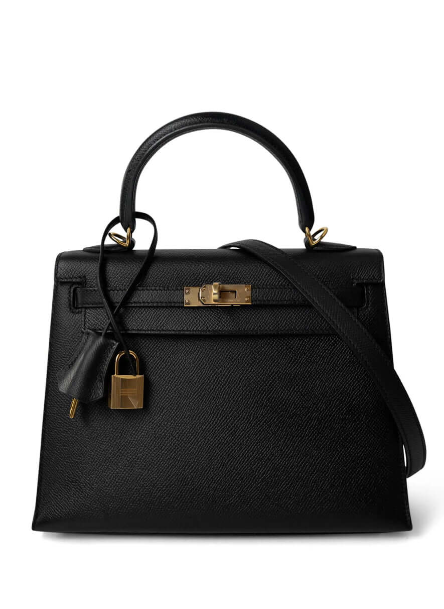 HERMES Kelly 25 Bag Epsom Leather Handbag (25,28) Black gold hardware
