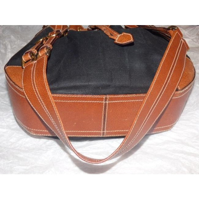 Gucci Black Linen And Camel Leather Bucket Bag With Equestrian Strap