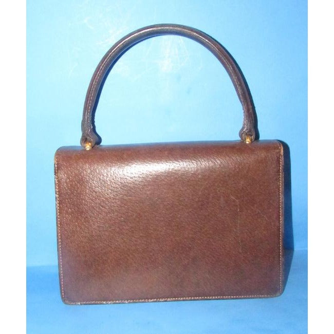 Gucci Bag Vintage Top Handle Purse Brown Leather With Contrast Stitching And Gold Accents Boar Skin