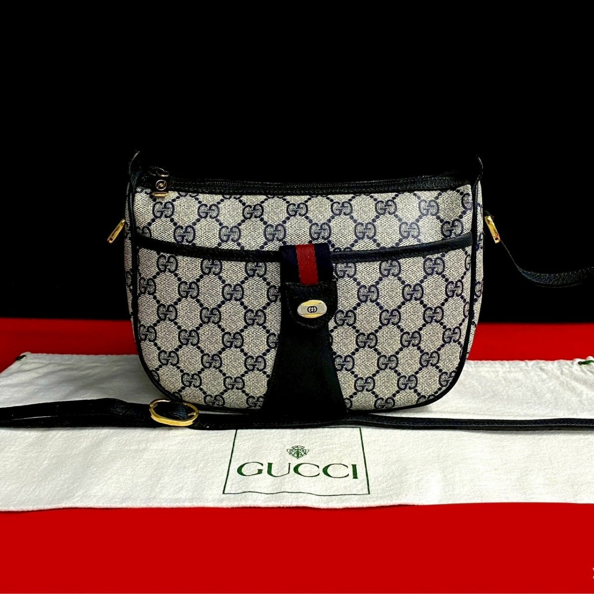 GUCCI Shoulder Bag leather Navy Sherry line
