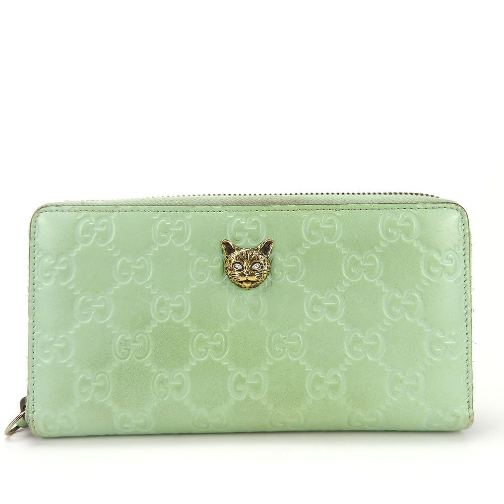 GUCCI Long Wallet Purse 548058 Sima leather Mint green Zip Around Women Used