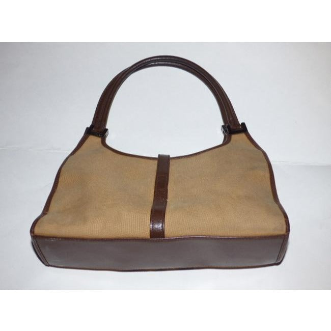 Gucci Tan Canvas and Brown Leather Jackie Bardot Style Hobo Shoulder Bag W Yellow & Brown Sherry Stripe & Chrome Hardware