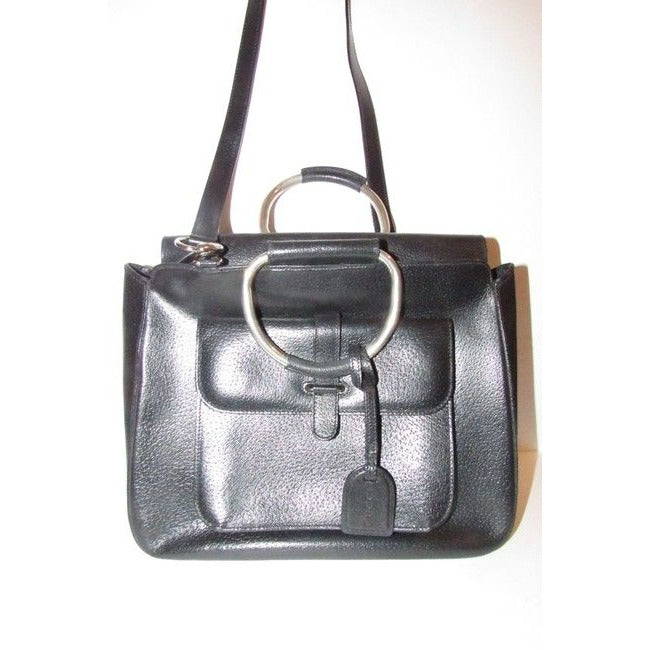 Gucci W Bamboo Line Two Removable Strap Black Leatherchrome Satchel
