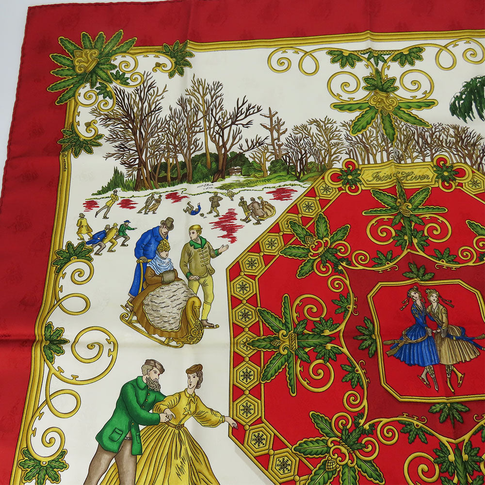 HERMES scarf silk Red Joies d'Hiver Carre90 Women Used