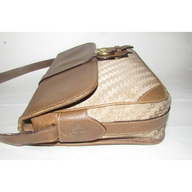 Gucci Vintage Beige Square G Logo Print Canvas And Brown Leather