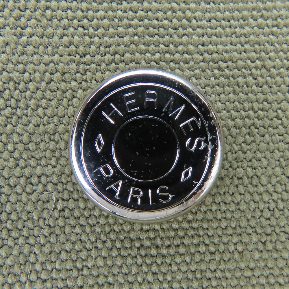 HERMES Tote Bag Canvas, Leather Khaki green Garden party PM unisex(Unisex) Used